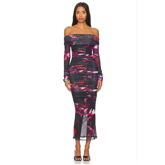NICHOLAS Oaklyn Off Shoulder Shirred Midi Dress in Blur Floral Magenta - Size 2 - Picture 1 of 6